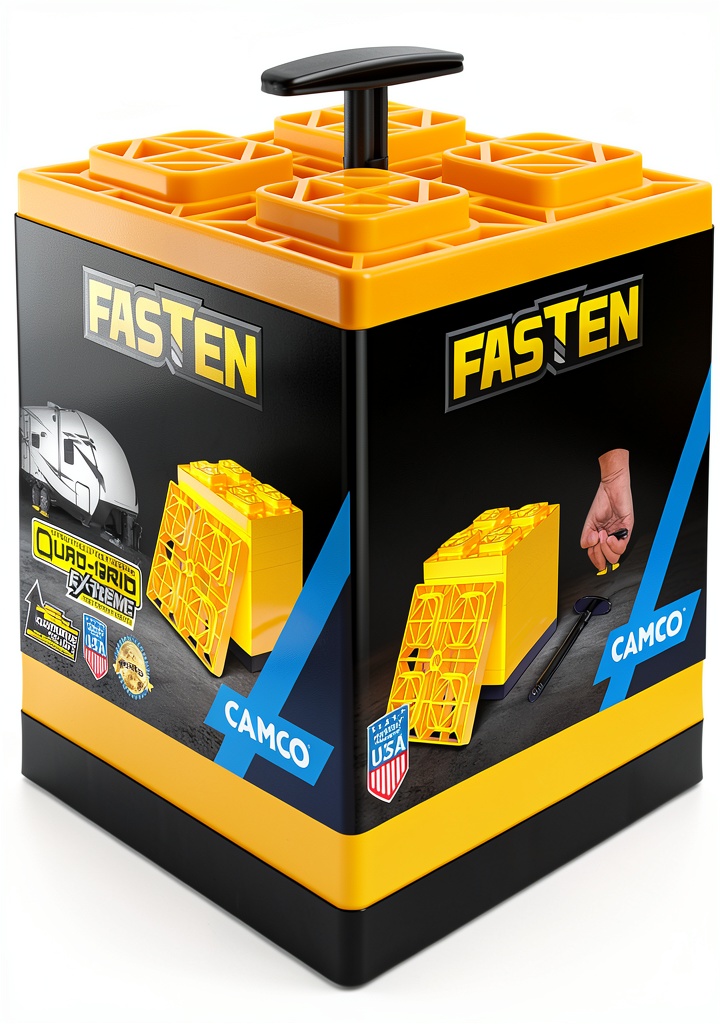 Installing Camco Yellow RV Leveling Blocks 8.5x8.5 Interlocking Kit Model 21022 on a wooden desk