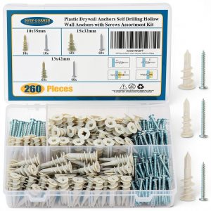 260 PCS Self Drilling Drywall Anchors, 3 Sizes Nylon Plastic Wall Anchors with Screws for Drywall, No Pre Drill Hole Preparation Required, 10x35mm, 13x42mm, 15x32mm-0