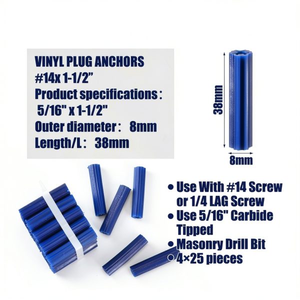 100 Pcs Blue Plastic Anchors for Concrete 5/16" x 1-1/2" #14 Screw or-1