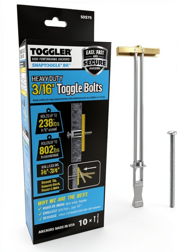 TOGGLER SNAPTOGGLE Heavy-Duty Drywall Toggle Bolt – 3/16"-24 UNC Zinc-Plated Anchor for Hollow Walls, Plaster & Tile – Holds 238 lbs in 1/2" Drywall, Easy Install – 2 Pack (Bolts Included)-0